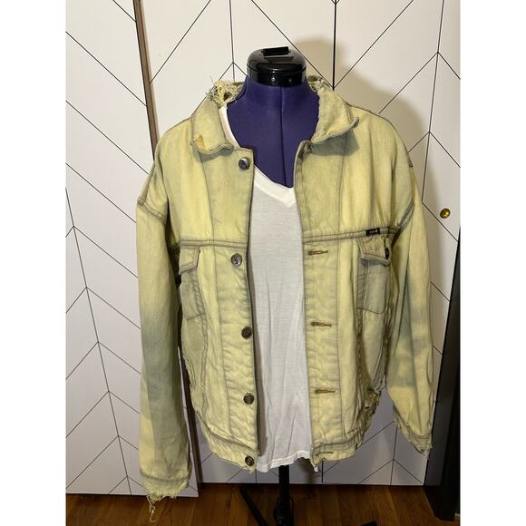 Vintage 90s Jinglers Fade Out Distressed Yellow Bleached Jean Denim Jacket XL - Picture 1 of 12